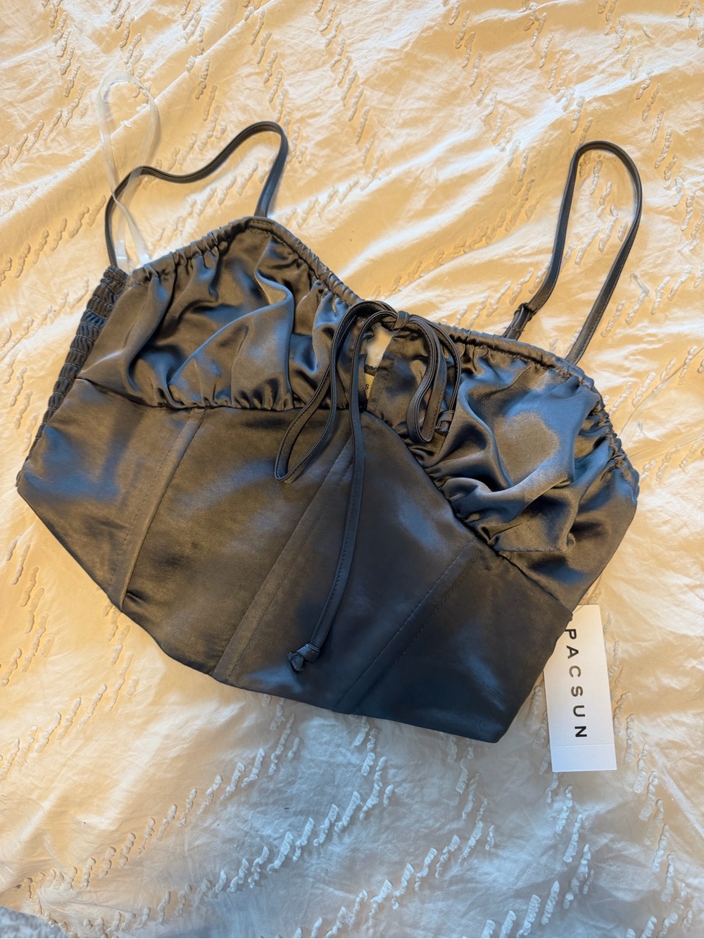 NWT La Hearts Black Satin Ruched Cami Top